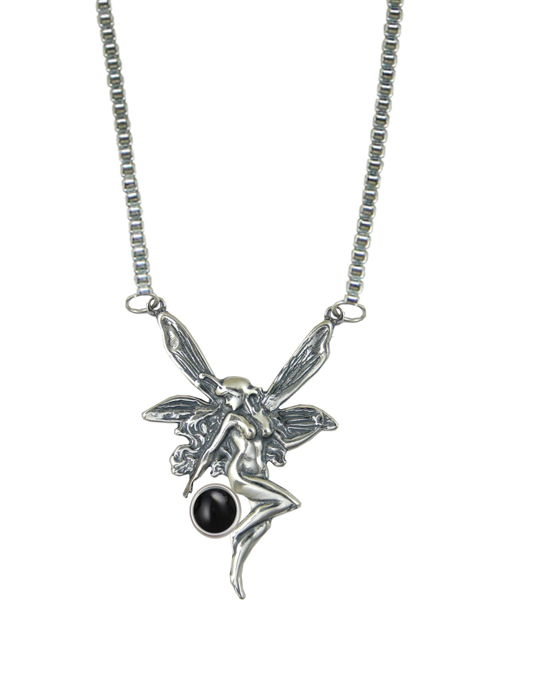 Sterling Silver Victorian Winged Fairy Necklace With Black Onyx